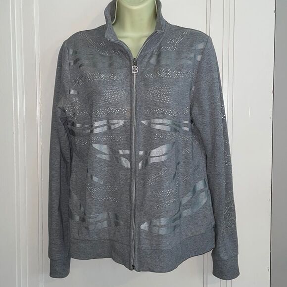 BCBG Max Azria gray/silver with bling cotton/spandex knit jacket - Picture 1 of 11